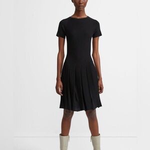 Theory, Pleated Knit Tee Flare Dress, Black, size P/XS